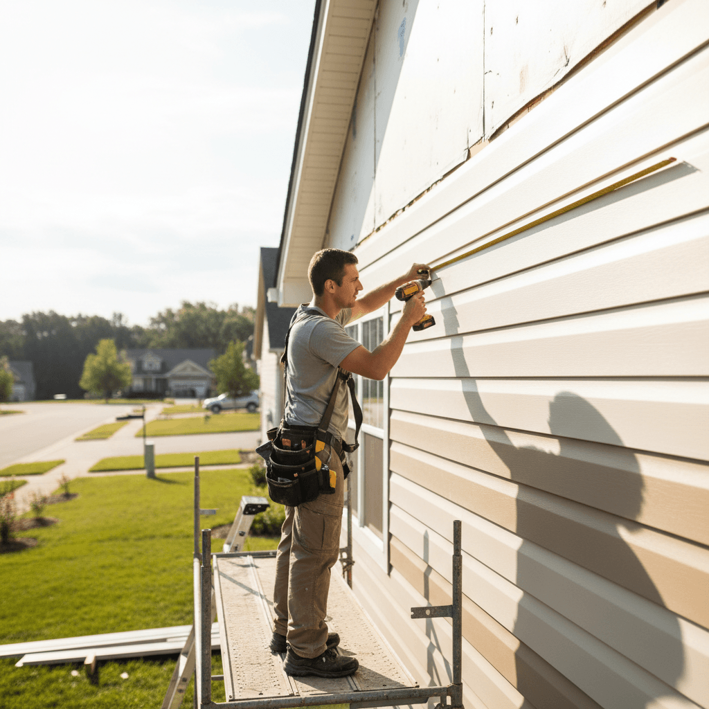 Contractor installing new siding panels on residential home exterior
