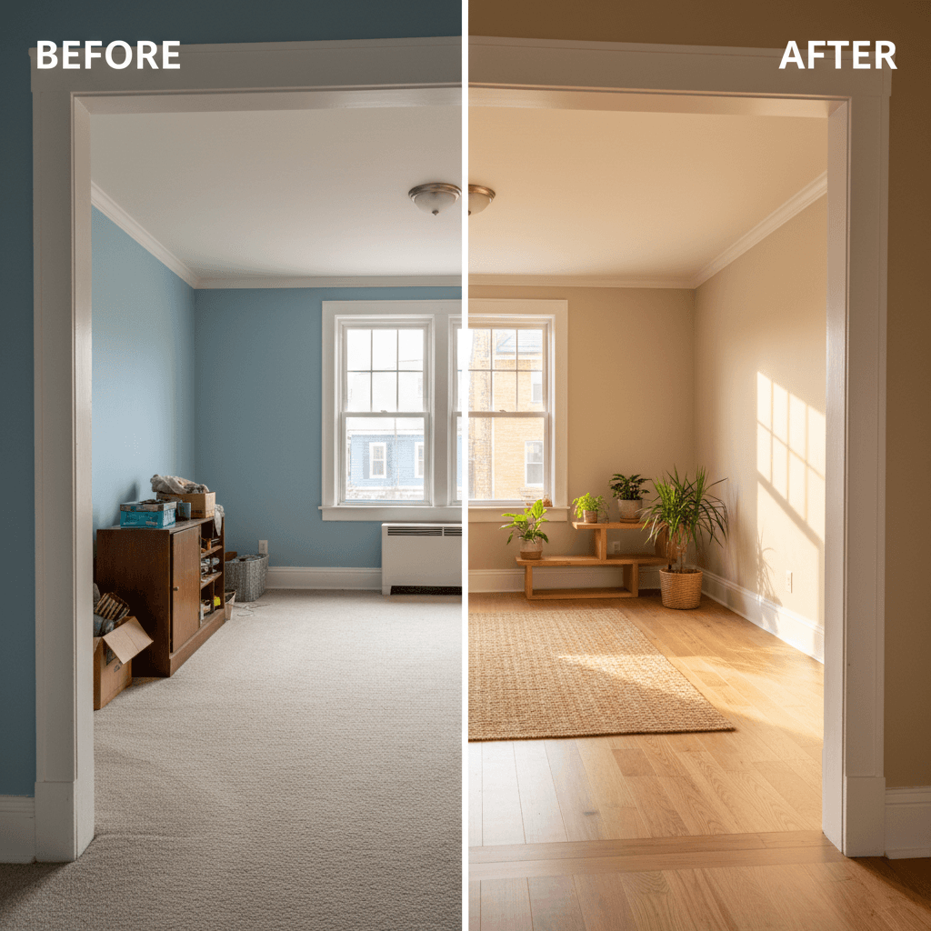 Living room interior transformation with new paint and flooring
