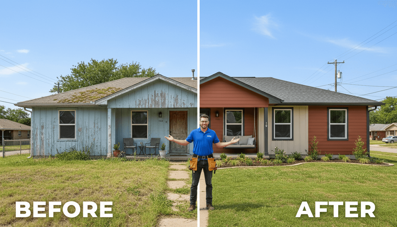 Before and after home exterior renovation showing new siding installation