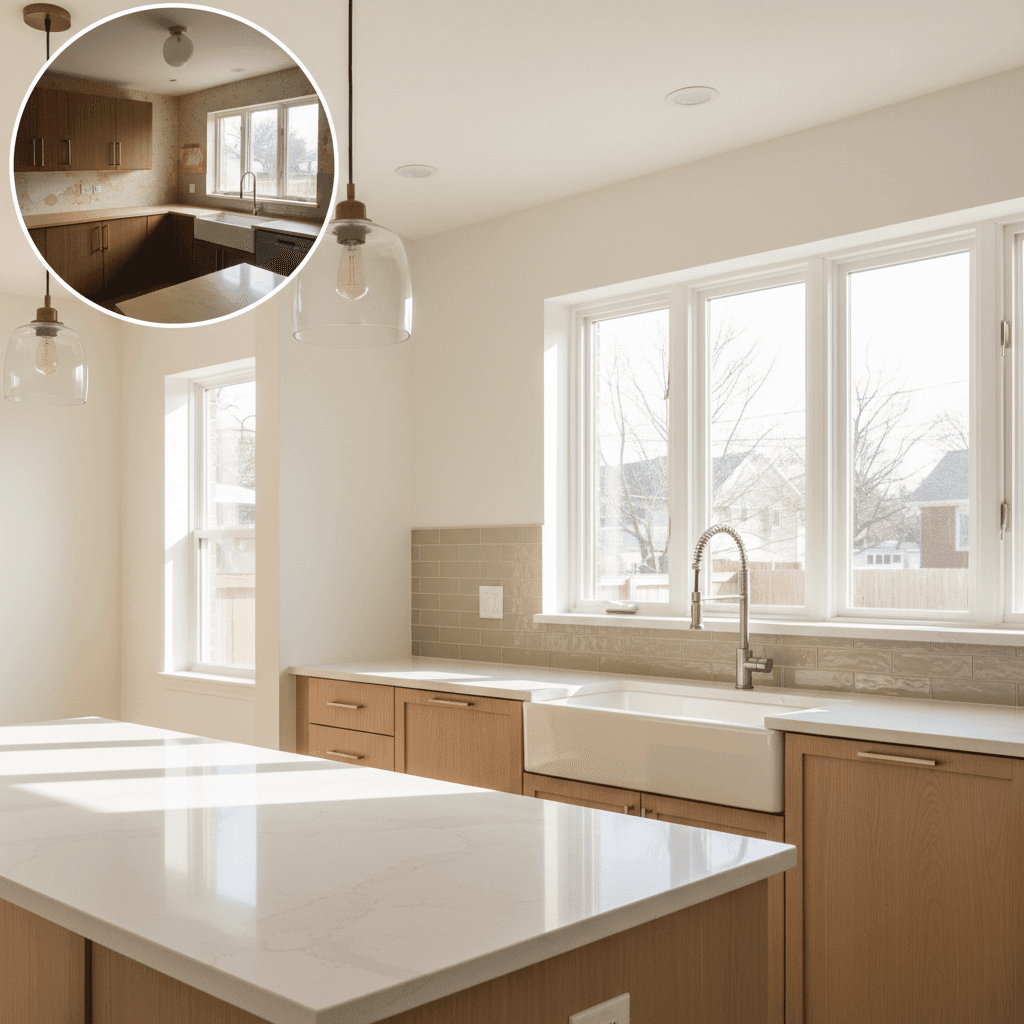 Kitchen or bathroom renovation with new windows and updated finishes