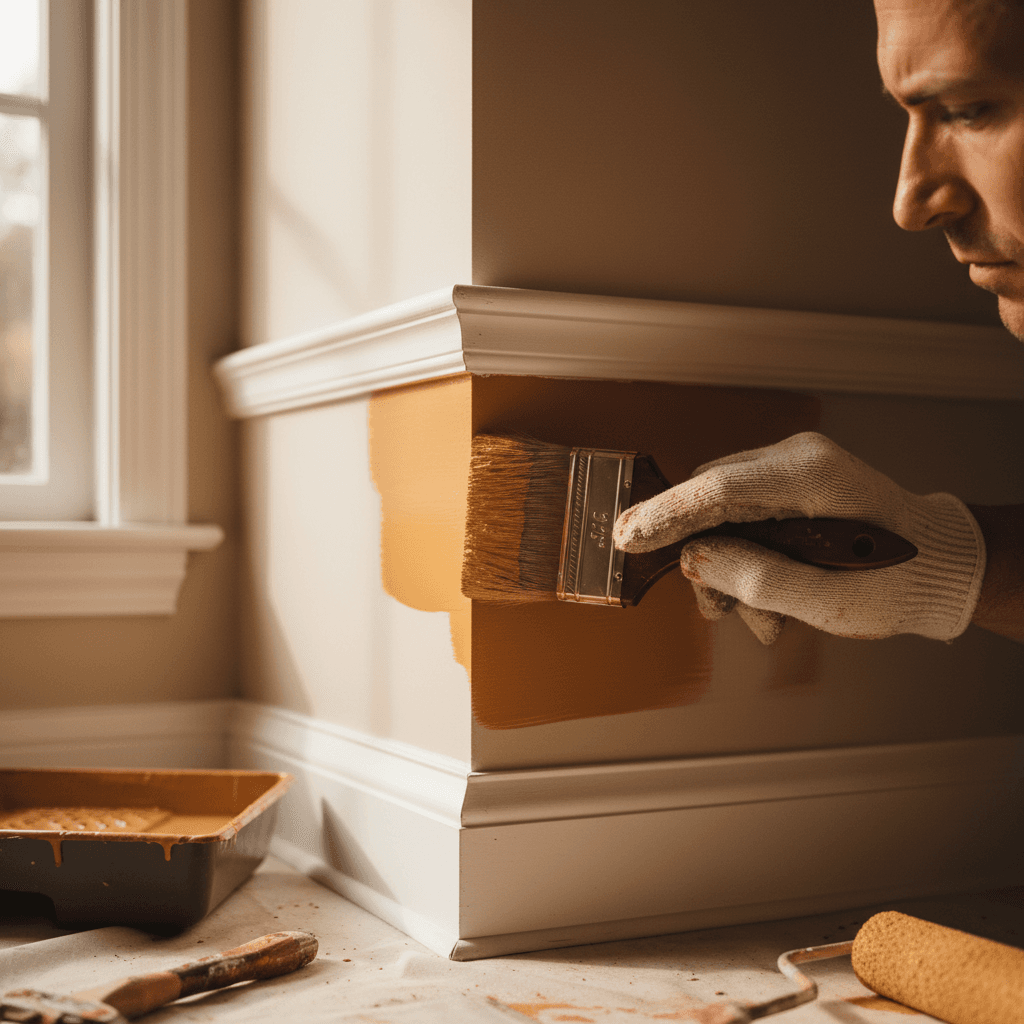 Interior painter applying fresh paint to wall trim with precision brushwork