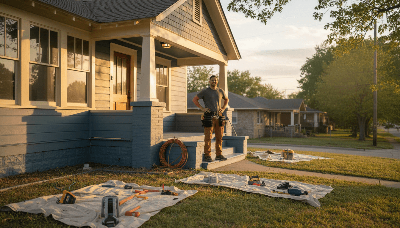 Contractor inspecting freshly painted home exterior during golden hour