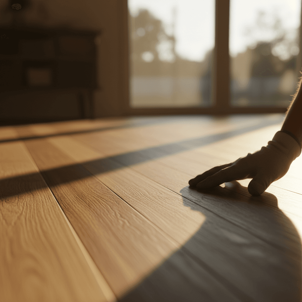 Close-up of freshly installed hardwood flooring with natural morning light