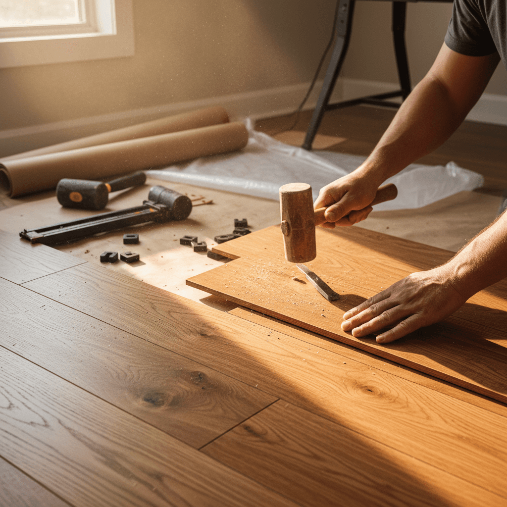 Hardwood flooring installation with contractor at work