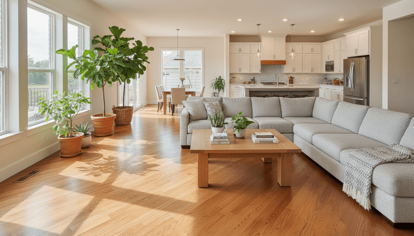 Newly installed kitchen flooring with warm honey tones