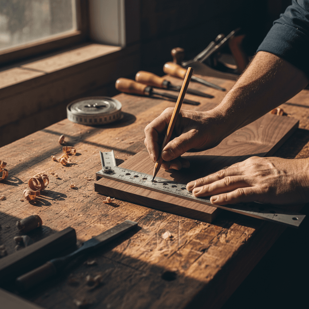 Contractor's hands measuring wood with precision and care