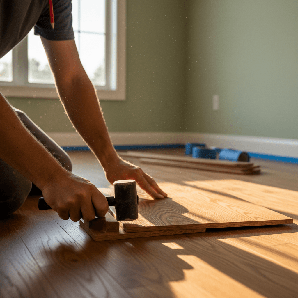 Contractor inspecting quality of newly installed flooring