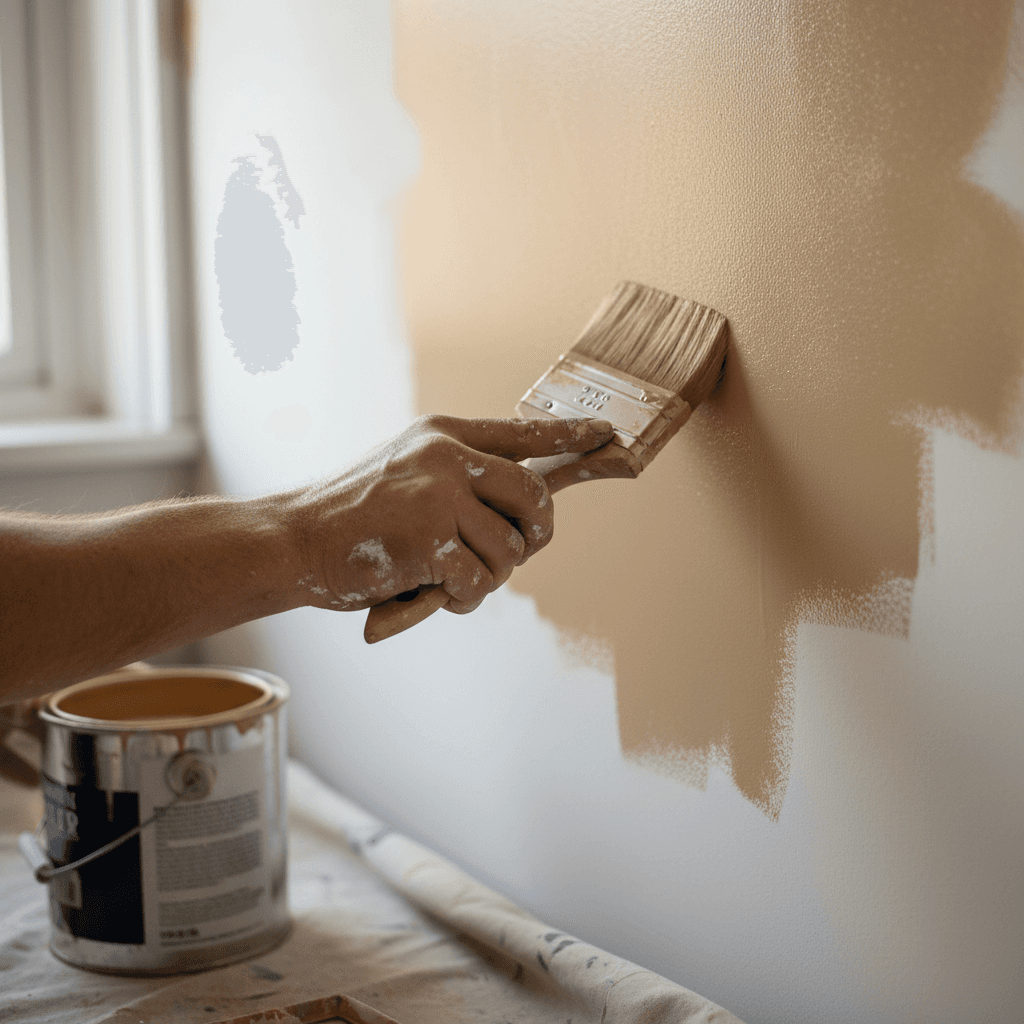 Interior painter applying fresh paint to living room wall