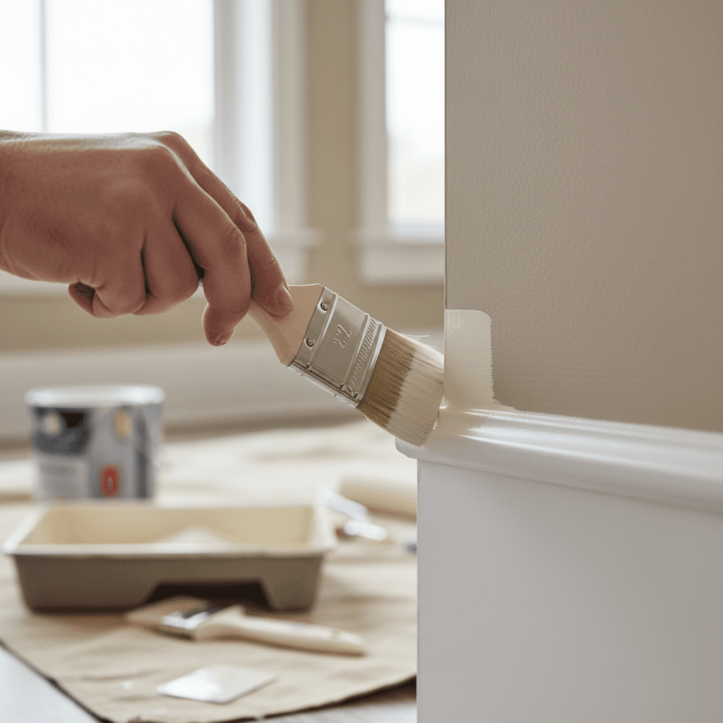 Contractor inspecting interior paint quality on wall trim