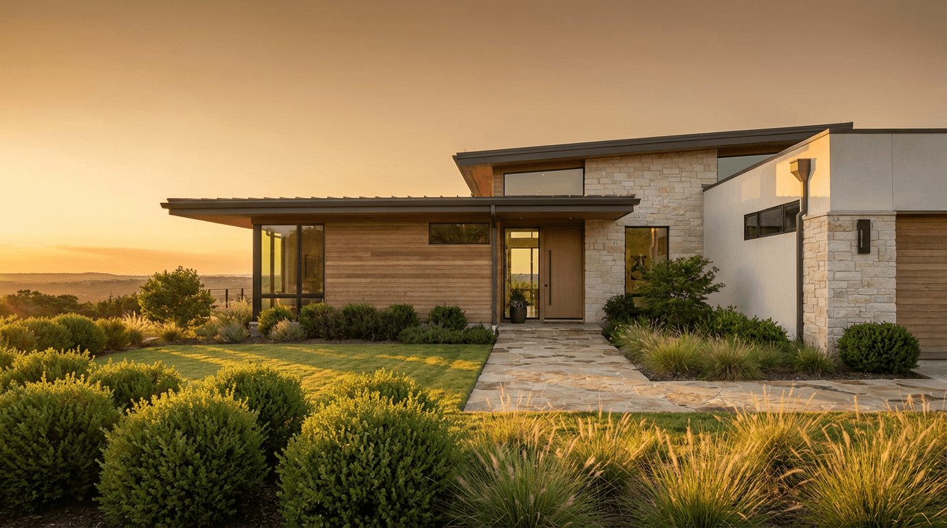Modern home exterior with newly installed siding, windows, and professional landscaping