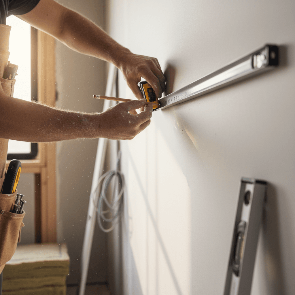 Contractor measuring and marking a freshly painted wall with precision tools