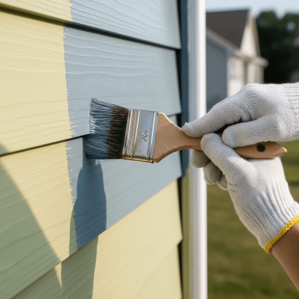 Contractor applying fresh exterior paint to home siding